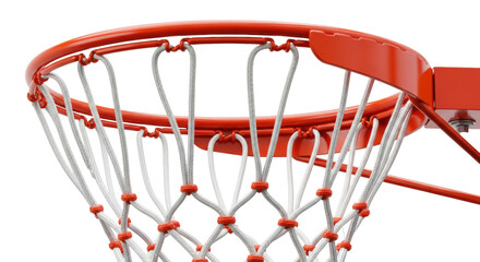 High-gloss safety orange basketball rim and heavily braided nylon net in white and orange segments, isolated on seamless transparent studio background. Concept of sports equipment retail
