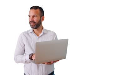 Man holding a laptop and looking away, pondering future ideas, working with modern technology. Transparent background