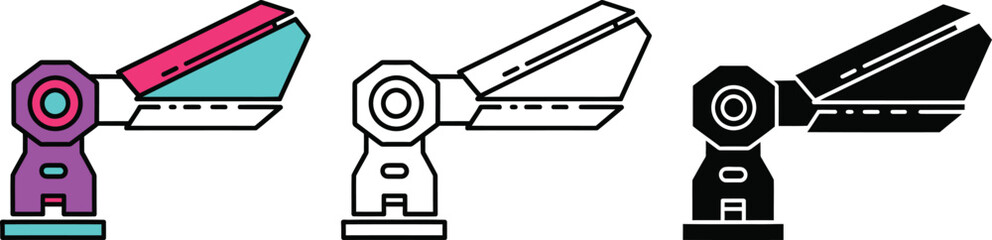 Three stylized robotic arms with different colored attachments on white background mechanical arm