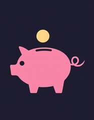 Line‑icon of a piggy‑bank with a coin dropping in, solid pink fill, blank background.