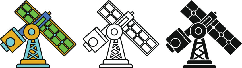 Three stylized satellite dishes with colorful solar panels and black and white outlines