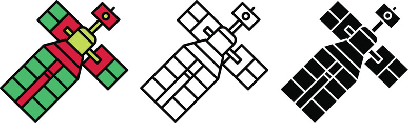 Three stylized satellite with colorful and monochrome space