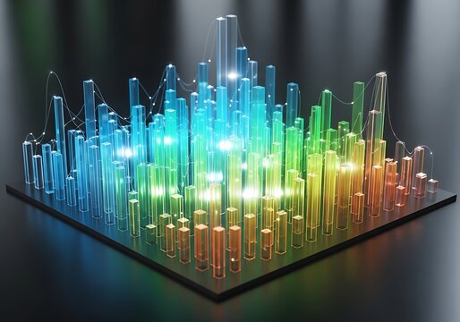 Futuristic abstract glowing data visualization with colorful columns - Powered by Adobe
