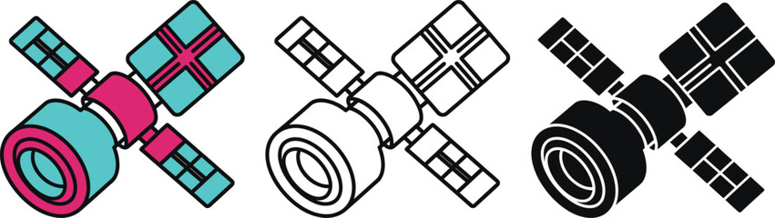 Three stylized satellites with colorful solar panels in a row space technology