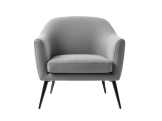 A single grey chair with black legs sitting on a white background, suitable for use in various commercial and editorial settings