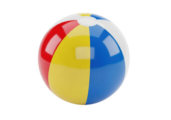 Fototapeta premium classic glossy pvc beach ball with bright red, yellow, and blue primary stripes, perfectly spherical, isolated on a transparent high-key background with ample copy space. Concept of joyful summer