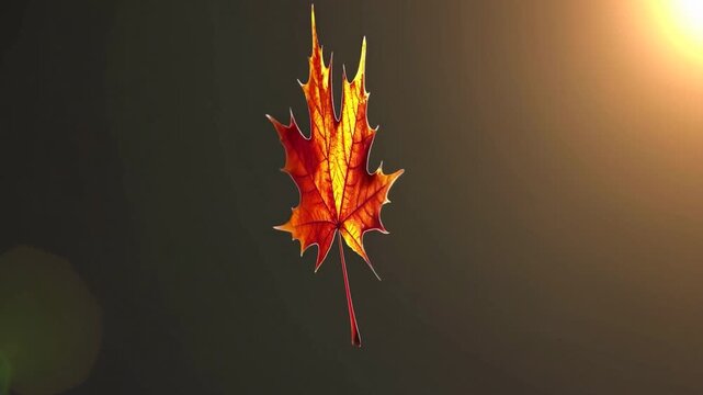 A vibrant orange maple leaf hangs delicately in the air, illuminated by warm sunlight filtering through the surrounding atmosphere. The intricate details and texture of the leaf's