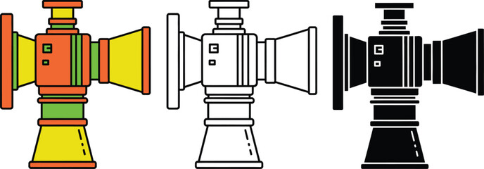 Three vintage cameras with different colored lenses and light rays