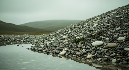 Misty Mountain backdrop with pebbled texture and water reflections