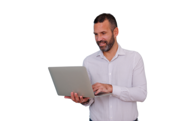 Mid adult man smiling while using laptop, working remotely or studying online with transparent background