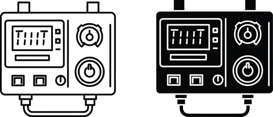 Two black and white control panels with digital and dials digital display knobs buttons