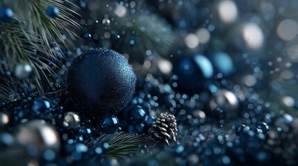 Elegant emerald ornaments, metallic spheres and natural greenery creating sophisticated winter holiday border.