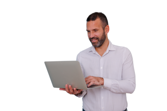Mid adult man smiling while using laptop, working remotely or studying online with transparent background - Powered by Adobe