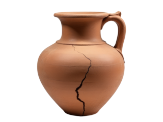 A cracked ceramic vase on a plain background