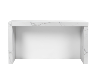 A modern living room or entryway piece, featuring a white marble top and sleek design