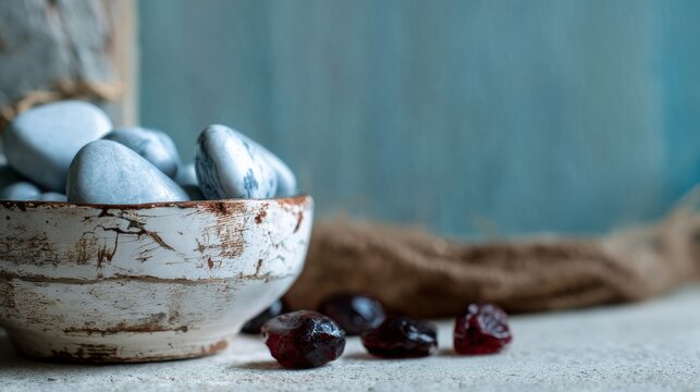 Bowl of soap stones and natural accessories for wellness product photography and spa skincare branding presentation visuals