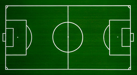 Top view of a soccer field with white markings on green grass, showing full pitch layout, symmetry and geometry, ideal for sports concepts, strategy and football background