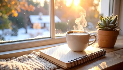  Steaming cup of coffee on notebook at cozy windowsill with winter view and warm sunrise light, hygge home atmosphere, slow morning, writing and inspiration concept.