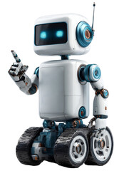 Wheeled robot with antenna and glowing eyes isolated on transparent background