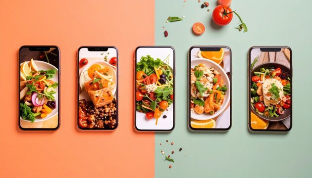 Food delivery mobile app screens displaying various restaurant dishes on colorful background, symbolizing online ordering, takeaway services and digital restaurant marketing. - Powered by Adobe