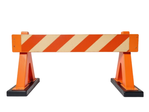 A bright orange and white barricade on a simple white background - Powered by Adobe
