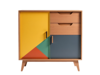 A colorful wooden cabinet with two drawers and a door, perfect for storing small items or displaying decorative objects