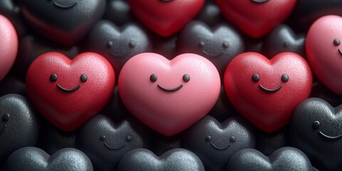 Fototapeta premium Delightful smiling heart characters in red and pink palette, touching emotional scene perfect for greeting cards, posters and social media