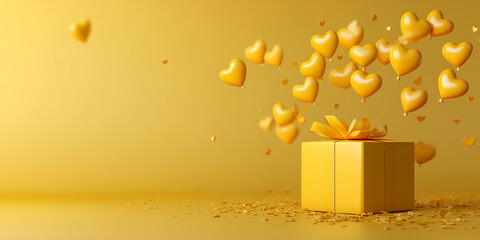Luxury present with floating metallic heart-shaped balloons and golden confetti, romantic surprise concept perfect for Valentine proposals and anniversary campaigns