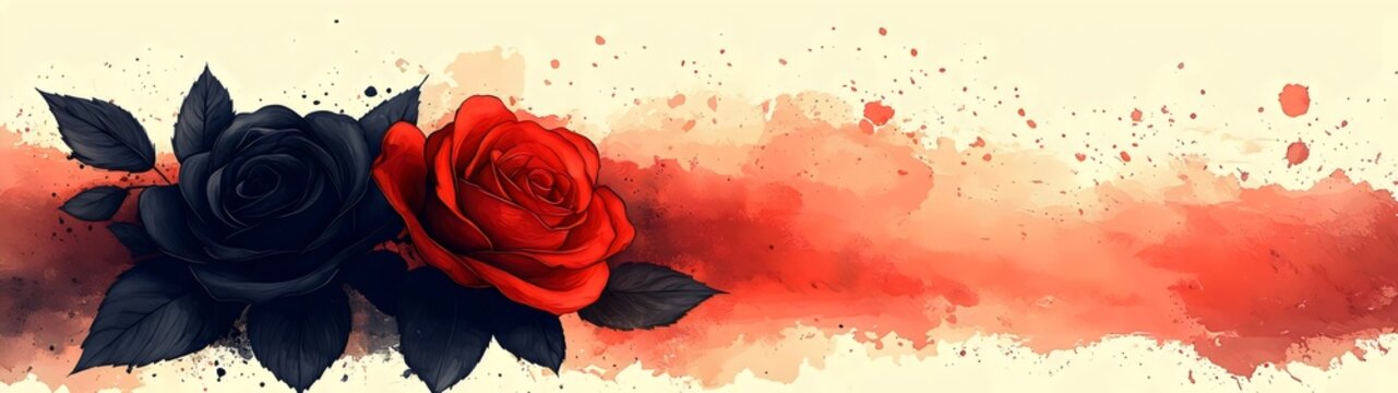 A stunning floral artwork featuring black and red roses on a soft, abstract watercolor background, creating a dramatic yet elegant mood.