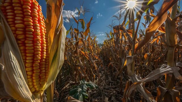 Video A corn cob growing in a sunny field with lush green grass and blue sky