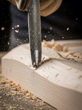 Craftsman skillfully shaping wood with precise rasping technique close-up