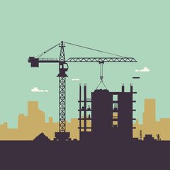 Construction Site Silhouette with Crane.