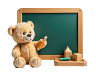  bear sits in front of a blackboard, ready for a lesson or a fun activity