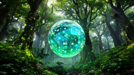 Glass Earth globe glowing with renewable energy icons in a mystical green forest