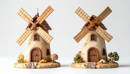 Two identical windmills with wooden blades & doors, beige walls, on grassy bases