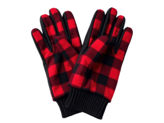 A pair of red and black gloves on a plain white background