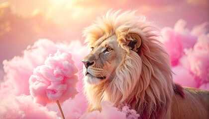Naklejka premium Majestic lion with fluffy mane near pink cotton candy clouds
