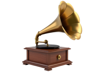 Vintage record player on wooden base