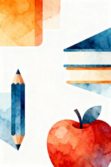 Back to School Watercolor Background with Books, Pencil and Red Apple
