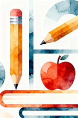 Back to School Watercolor Background with Books, Pencil and Red Apple
