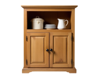 A traditional wooden cabinet with a white pitcher sitting atop, suitable for rustic or vintage-themed settings