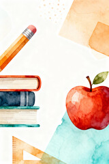 Back to School Watercolor Background with Books, Pencil and Red Apple
