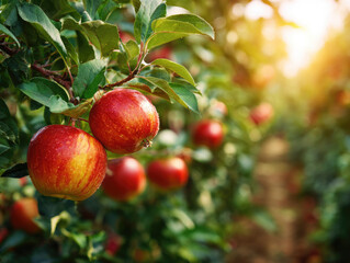 fresh and healthy red Sekai Ichi japanese apples fruit with green leaves background plantation garden farm.