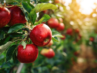 fresh and healthy red Sekai Ichi japanese apples fruit with green leaves background plantation garden farm.
