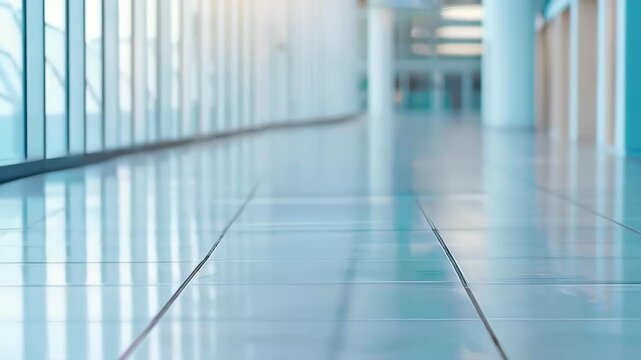Modern Architectural Vista: A pristine, contemporary corridor with reflective flooring and streamlined design, exuding a sense of openness and sleekness.