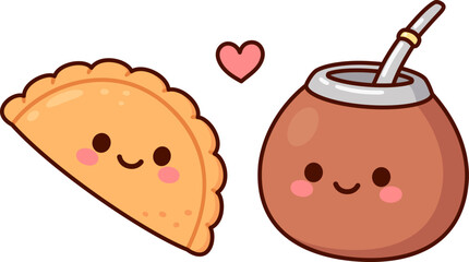 Traditional Argentinian empanada and yerba mate gourd couple, national food and drink symbol. Kawaii faces and cute heart. Simple cartoon vector illustration