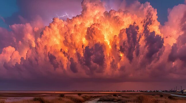 An immense and turbulent storm cloud glows with fiery orange and purple hues, illuminated from within by flashes of lightning over a vast, flat landscape