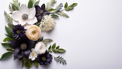 Dark And Light Flowering Botanical Arrangement Cascades Along The Right Edge Against A White Background