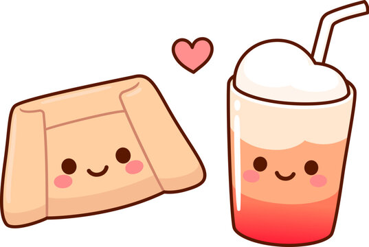 Traditional Chilean empanada de pino and Terremoto drink couple, national food and drink symbol. Kawaii faces and cute heart. Cartoon vector illustration.