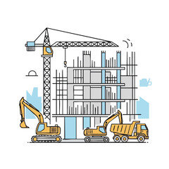 Construction Site with Crane Excavators and Building Under Construction.